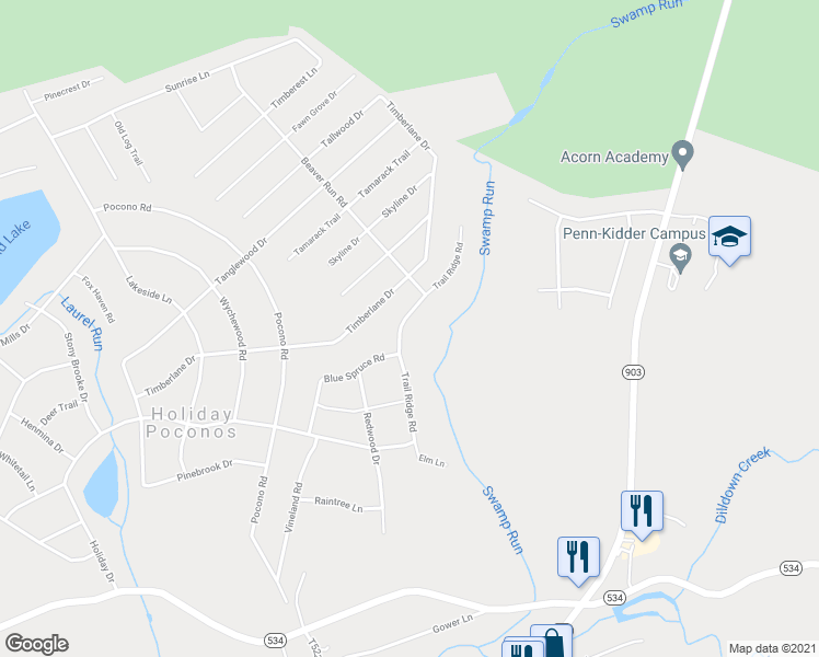 map of restaurants, bars, coffee shops, grocery stores, and more near 29 Trail Ridge Road in Lake Harmony