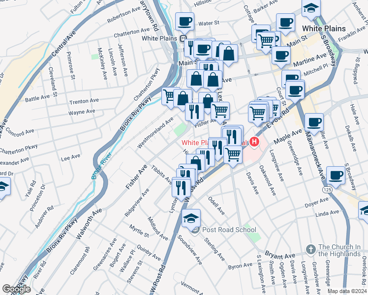 map of restaurants, bars, coffee shops, grocery stores, and more near 5 Highland Avenue in White Plains