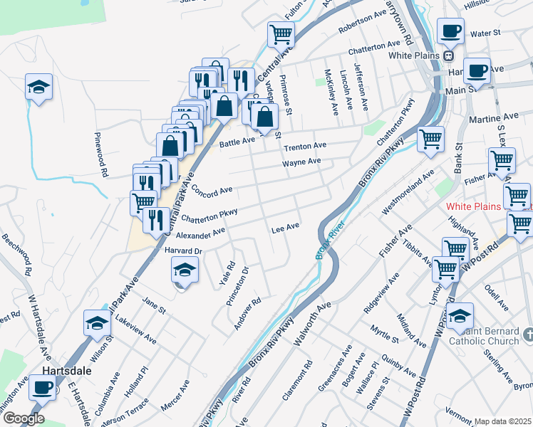 map of restaurants, bars, coffee shops, grocery stores, and more near 255 Chatterton Parkway in White Plains