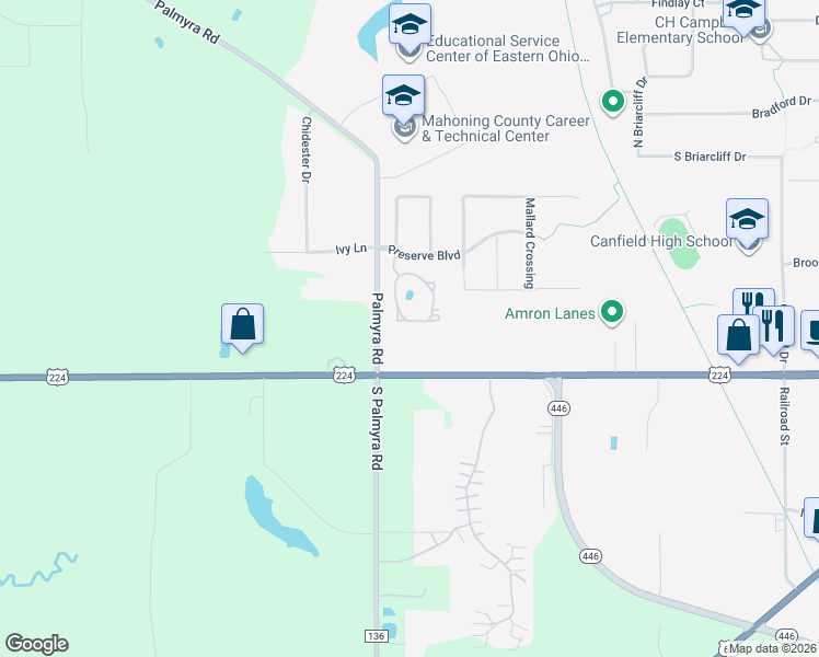 map of restaurants, bars, coffee shops, grocery stores, and more near 80 Lake Pointe Circle in Canfield