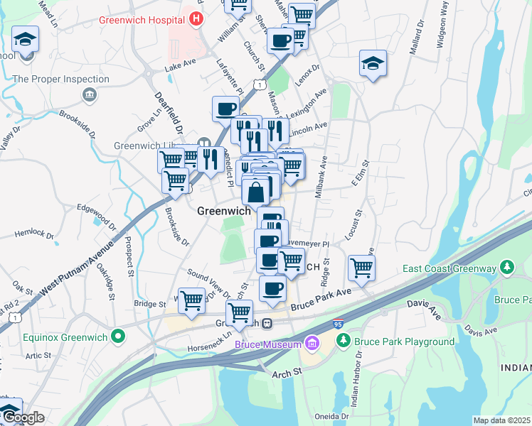 map of restaurants, bars, coffee shops, grocery stores, and more near 265 Greenwich Avenue in Greenwich