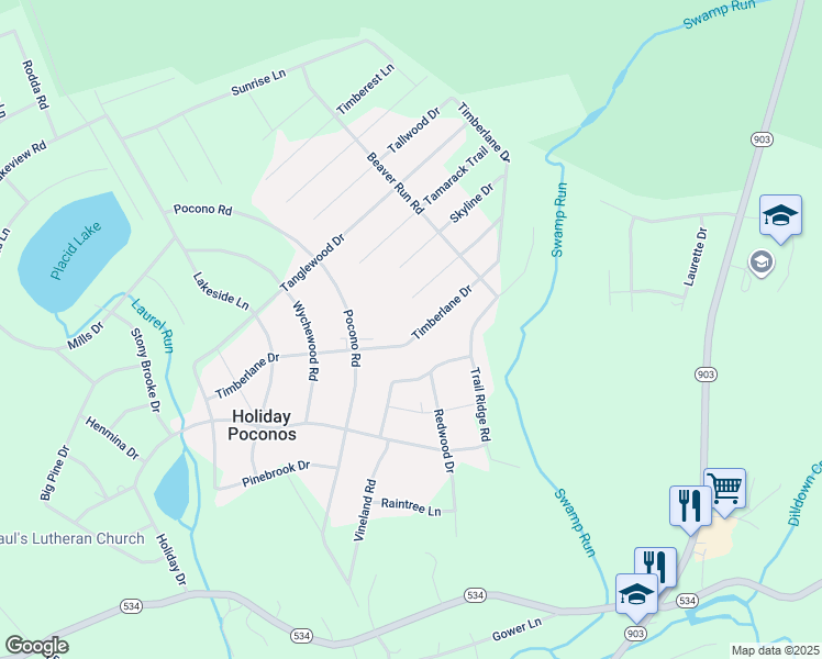 map of restaurants, bars, coffee shops, grocery stores, and more near 97 Timberlane Drive in Albrightsville