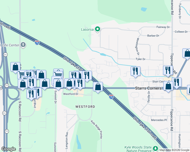 map of restaurants, bars, coffee shops, grocery stores, and more near 4062 Saint Andrews Court in Canfield