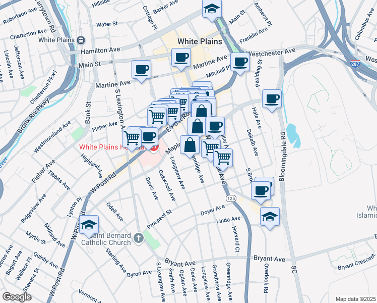 map of restaurants, bars, coffee shops, grocery stores, and more near 5 Greenridge Avenue in White Plains