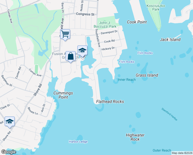 map of restaurants, bars, coffee shops, grocery stores, and more near 164 Dolphin Cove Quay in Stamford