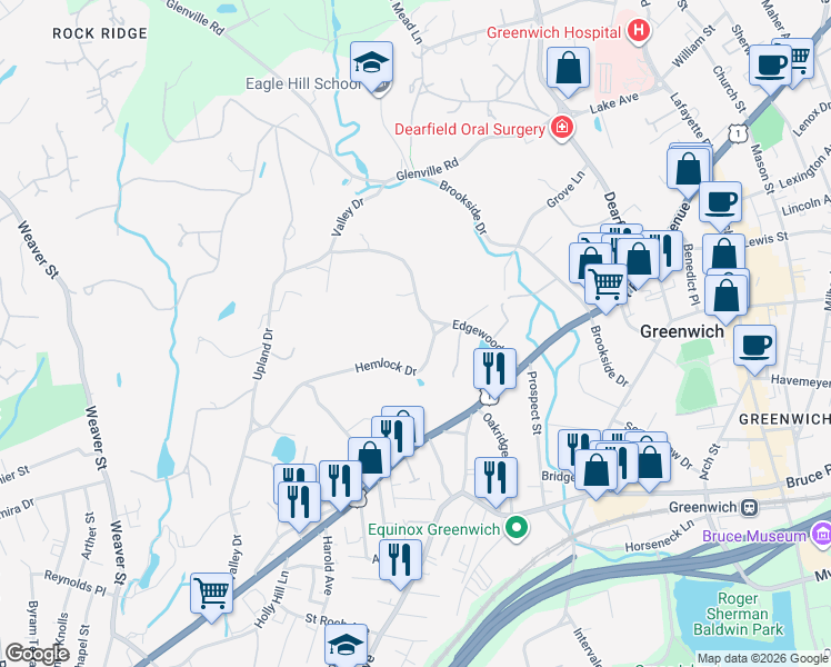map of restaurants, bars, coffee shops, grocery stores, and more near 33 Hemlock Drive in Greenwich