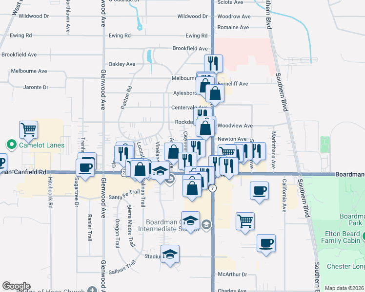 map of restaurants, bars, coffee shops, grocery stores, and more near 7044 Claybourne Avenue in Youngstown