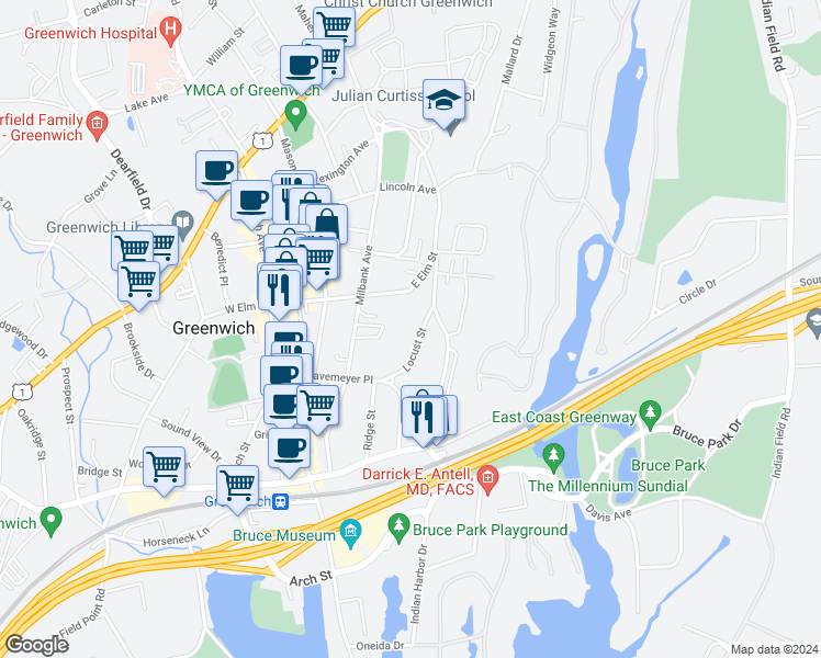 map of restaurants, bars, coffee shops, grocery stores, and more near 12 Locust Street in Greenwich