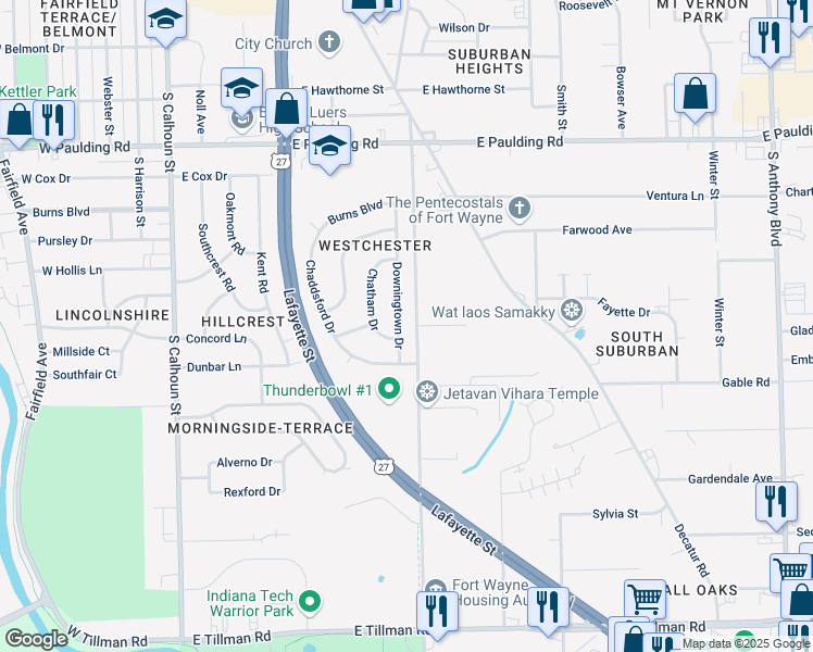 map of restaurants, bars, coffee shops, grocery stores, and more near 6217-6299 South Hanna Street in Fort Wayne