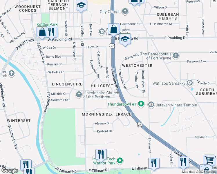 map of restaurants, bars, coffee shops, grocery stores, and more near 6311 Kent Road in Fort Wayne