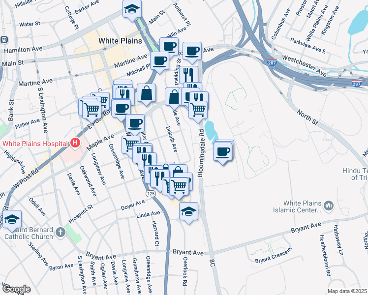 map of restaurants, bars, coffee shops, grocery stores, and more near 50 Dekalb Avenue in White Plains