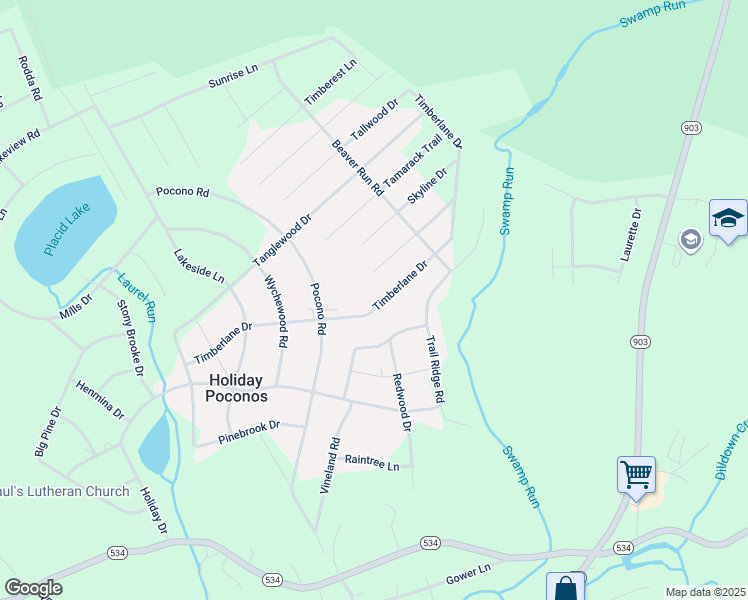 map of restaurants, bars, coffee shops, grocery stores, and more near 97 Timberlane Drive in Albrightsville