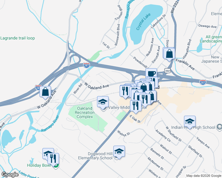map of restaurants, bars, coffee shops, grocery stores, and more near 67 West Oakland Avenue in Oakland