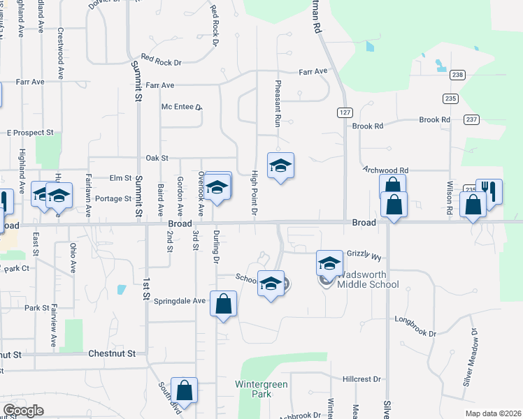 map of restaurants, bars, coffee shops, grocery stores, and more near 127 High Point Drive in Wadsworth
