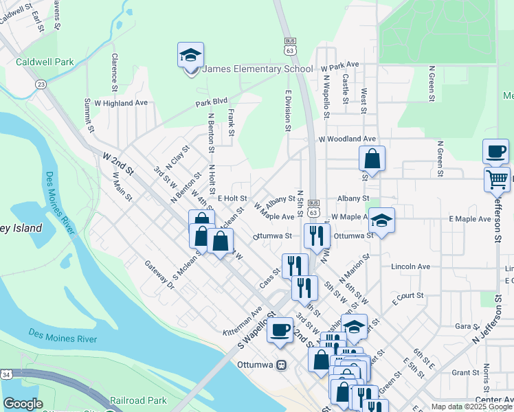 map of restaurants, bars, coffee shops, grocery stores, and more near 707 West Maple Avenue in Ottumwa