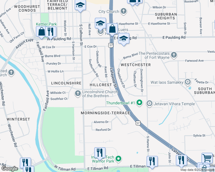 map of restaurants, bars, coffee shops, grocery stores, and more near 6311 Kent Road in Fort Wayne