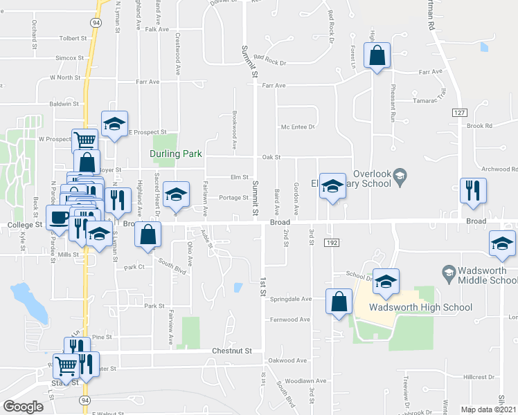 map of restaurants, bars, coffee shops, grocery stores, and more near 129 Summit Street in Wadsworth