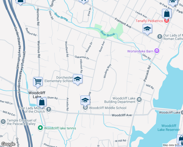 map of restaurants, bars, coffee shops, grocery stores, and more near 79 Rose Avenue in Woodcliff Lake