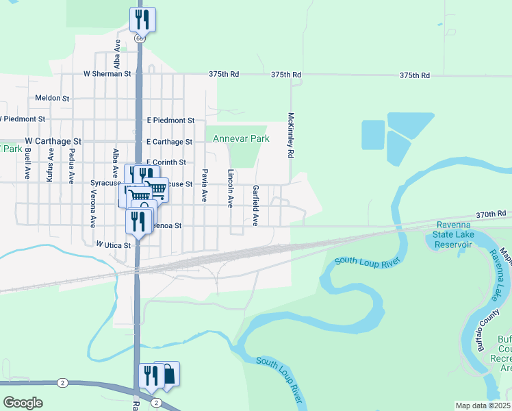 map of restaurants, bars, coffee shops, grocery stores, and more near 400 Garfield Avenue in Ravenna