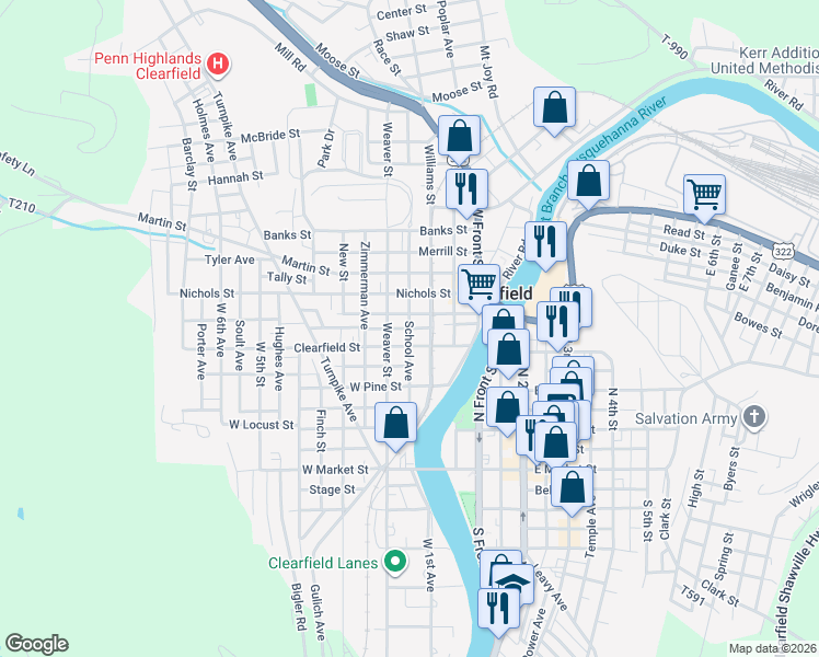 map of restaurants, bars, coffee shops, grocery stores, and more near School Ave in Clearfield