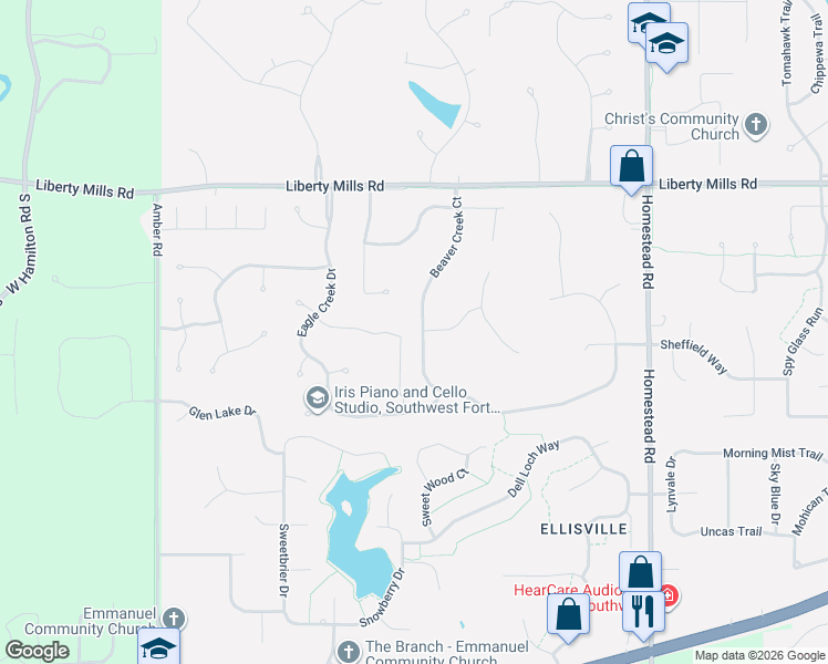 map of restaurants, bars, coffee shops, grocery stores, and more near 6221-6299 Beaver Creek Court in Fort Wayne