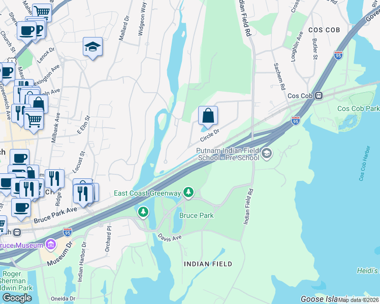 map of restaurants, bars, coffee shops, grocery stores, and more near 1 Circle Drive in Greenwich