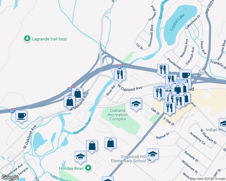 map of restaurants, bars, coffee shops, grocery stores, and more near 36 River Road in Oakland