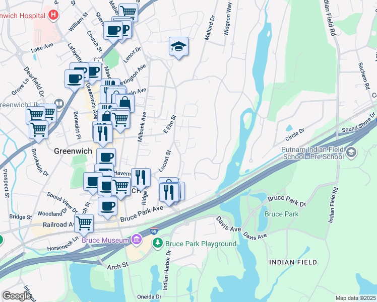 map of restaurants, bars, coffee shops, grocery stores, and more near 19 Le Grande Avenue in Greenwich