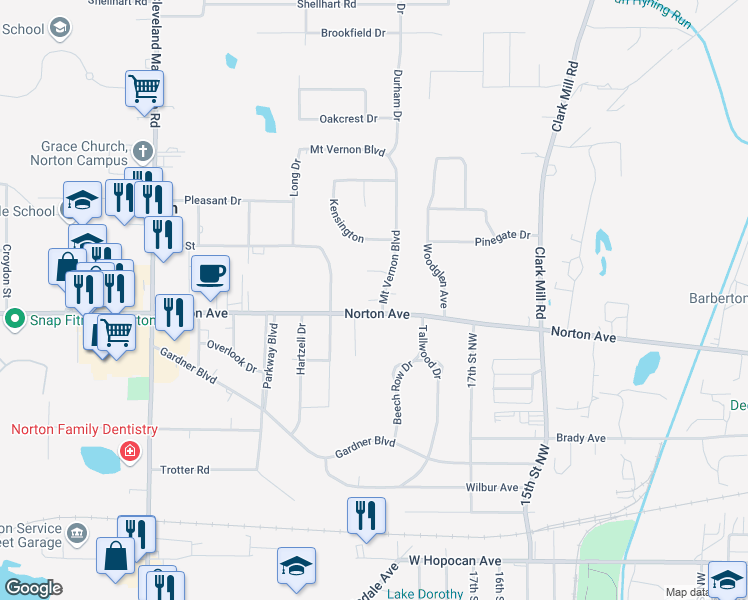 map of restaurants, bars, coffee shops, grocery stores, and more near 3954 Mount Vernon Boulevard in Norton