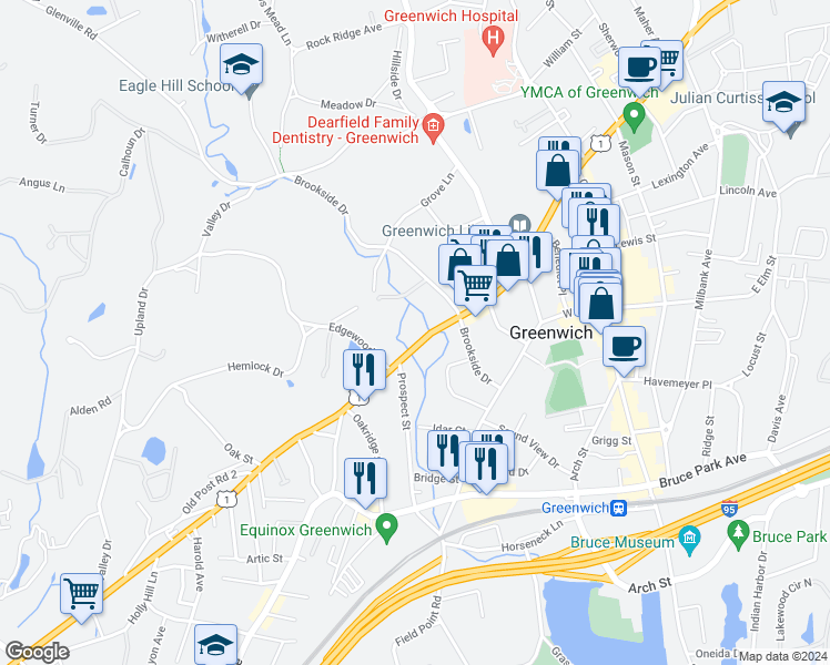 map of restaurants, bars, coffee shops, grocery stores, and more near 181 West Putnam Avenue in Greenwich