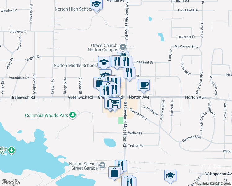 map of restaurants, bars, coffee shops, grocery stores, and more near 3163 Greenwich Road in Norton