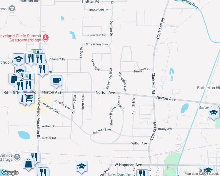 map of restaurants, bars, coffee shops, grocery stores, and more near 3953 Mount Vernon Boulevard in Norton
