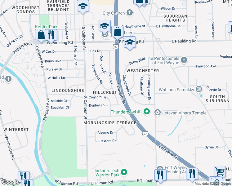 map of restaurants, bars, coffee shops, grocery stores, and more near 6321 Kent Road in Fort Wayne