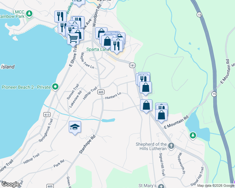 map of restaurants, bars, coffee shops, grocery stores, and more near 12 Hunters Ln in Sparta