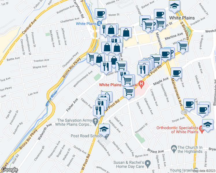 map of restaurants, bars, coffee shops, grocery stores, and more near 12 Chestnut Hill Avenue in White Plains