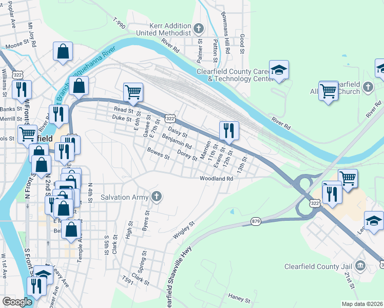 map of restaurants, bars, coffee shops, grocery stores, and more near 502 East 10th Street in Clearfield