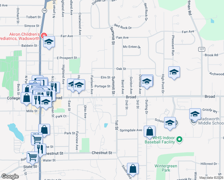 map of restaurants, bars, coffee shops, grocery stores, and more near 130 Summit Street in Wadsworth
