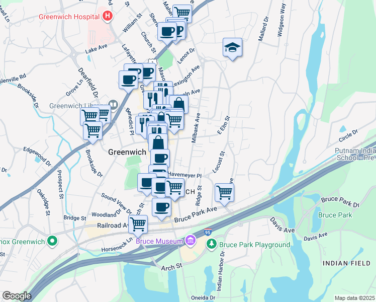 map of restaurants, bars, coffee shops, grocery stores, and more near 236 Milbank Avenue in Greenwich