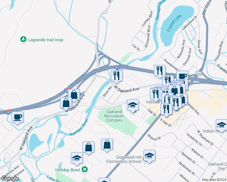 map of restaurants, bars, coffee shops, grocery stores, and more near 36 River Road in Oakland