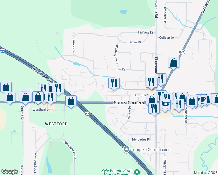 map of restaurants, bars, coffee shops, grocery stores, and more near 3849 Indian Run Drive in Canfield