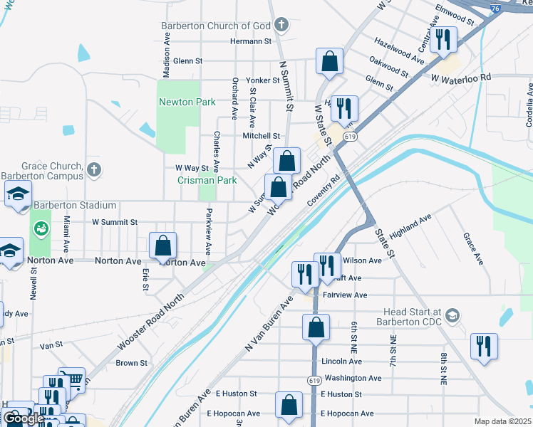 map of restaurants, bars, coffee shops, grocery stores, and more near 736 Wooster Road North in Barberton
