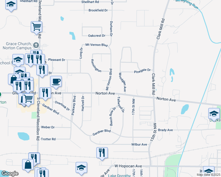 map of restaurants, bars, coffee shops, grocery stores, and more near 3954 Mount Vernon Boulevard in Norton
