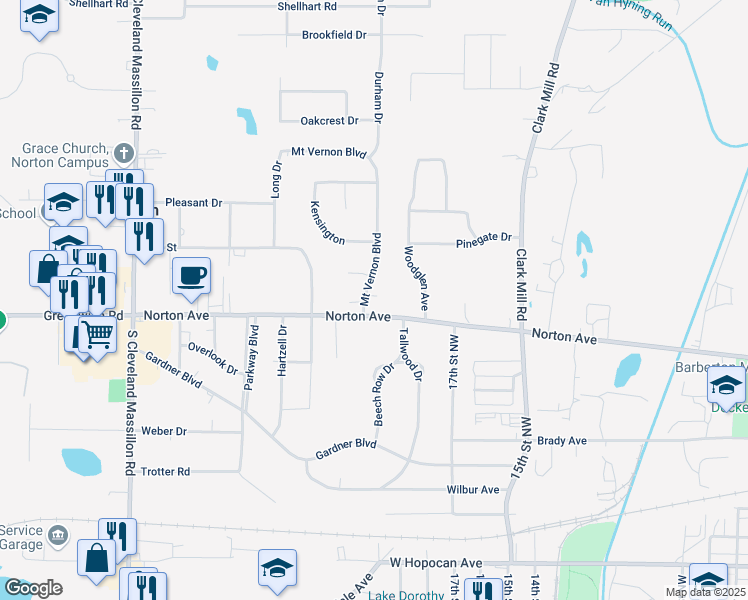 map of restaurants, bars, coffee shops, grocery stores, and more near 3954 Mount Vernon Boulevard in Norton