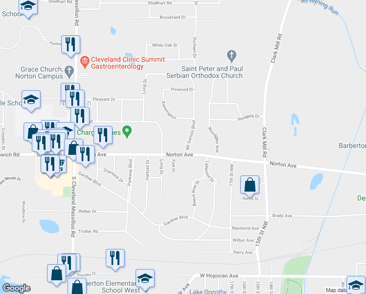 map of restaurants, bars, coffee shops, grocery stores, and more near 3954 Mount Vernon Boulevard in Norton