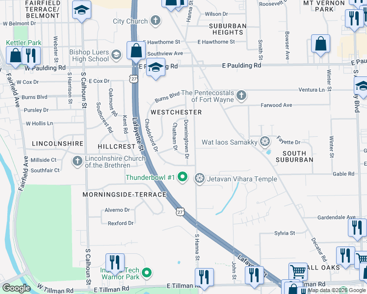 map of restaurants, bars, coffee shops, grocery stores, and more near 6302 Downingtown Drive in Fort Wayne