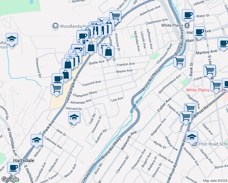 map of restaurants, bars, coffee shops, grocery stores, and more near 54 Alexander Avenue in White Plains