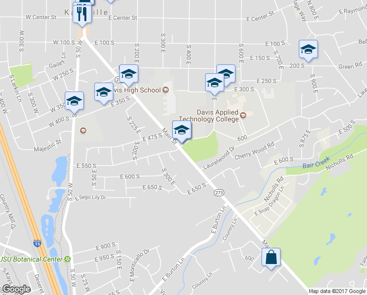 map of restaurants, bars, coffee shops, grocery stores, and more near 501 East 550 South in Kaysville