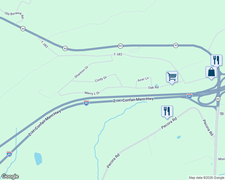 map of restaurants, bars, coffee shops, grocery stores, and more near 12 Merry L Drive in Drums