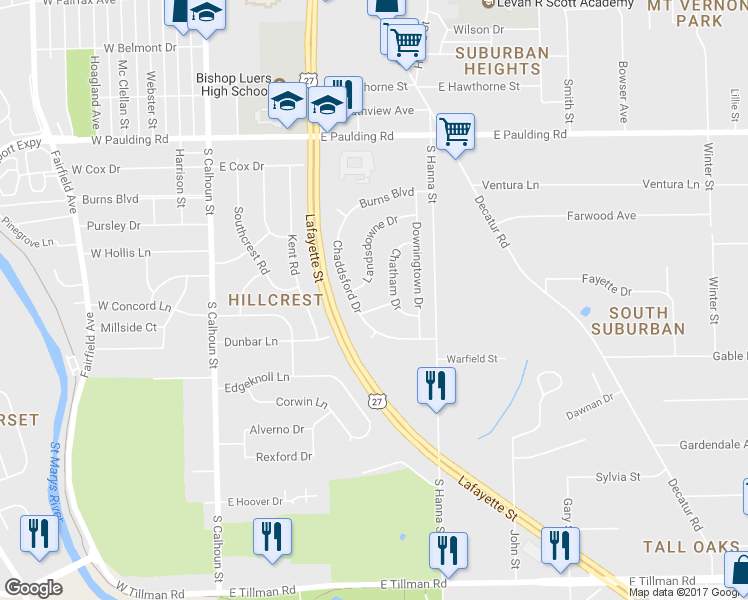 map of restaurants, bars, coffee shops, grocery stores, and more near 515 Berwyn Ln in Fort Wayne