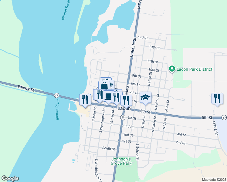 map of restaurants, bars, coffee shops, grocery stores, and more near 308 North Washington Street in Lacon
